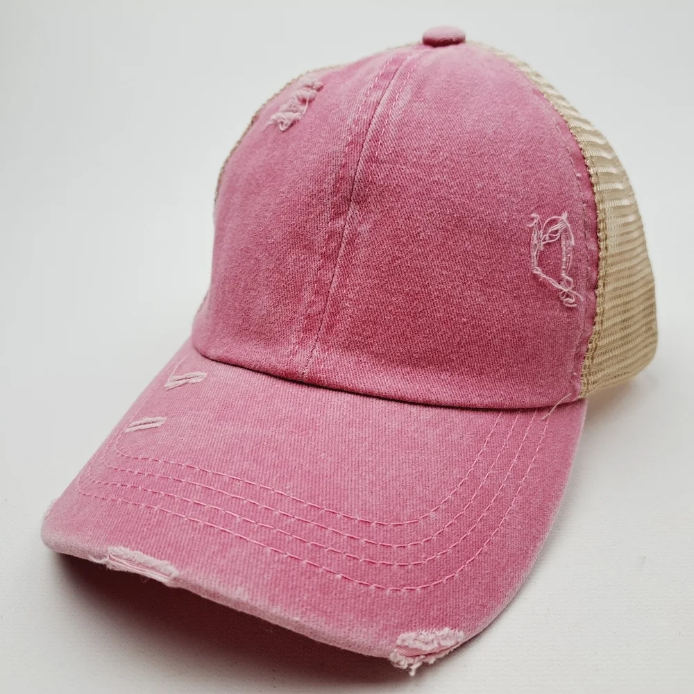 Ponytail Criss-cross Mesh Trucker Women's Cap Hat Distressed Pink